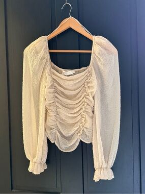 Astr Cream Ruched Square-Neck Puff Sleeve Blouse